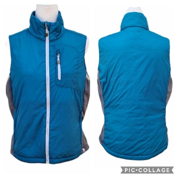 LANDS' END Blue Gray Side Panel 3 Pockets Vest Jacket Full Zip Size M High Neck - Picture 1 of 11